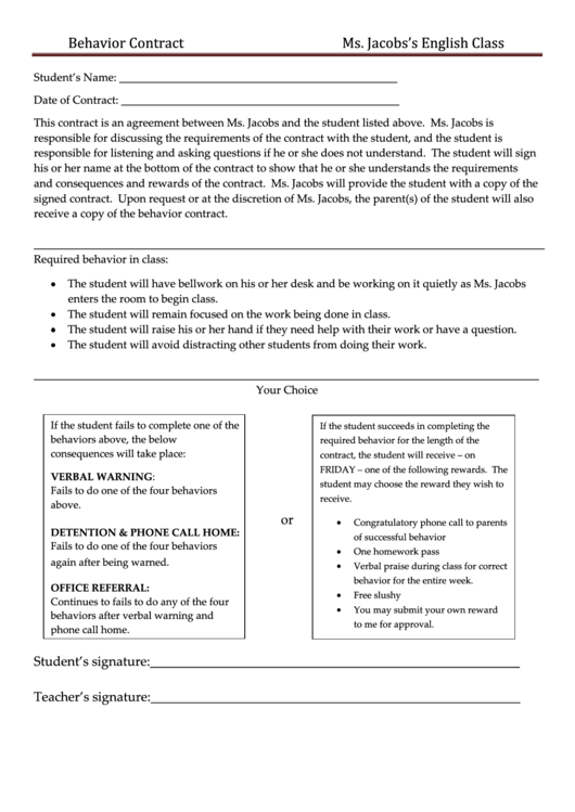 Behavior Contract 3 Printable pdf
