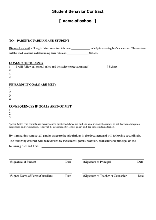 Student Behavior Contract 4 Printable pdf
