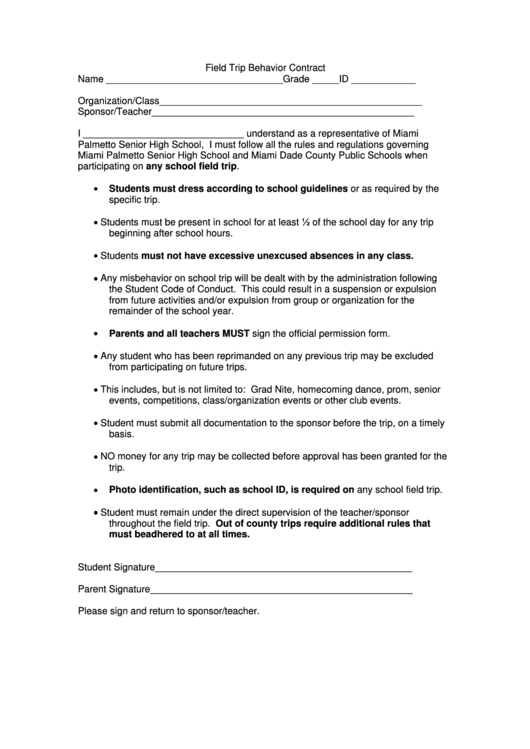 Field Trip Behavior Contract Printable pdf