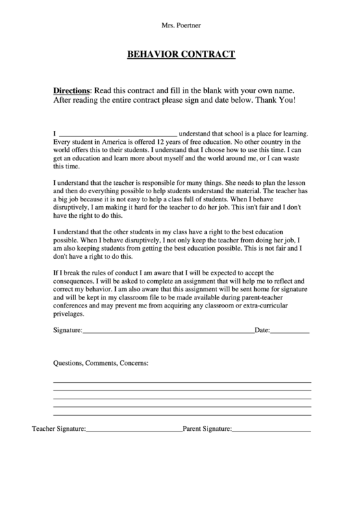 Behavior Contract Printable pdf