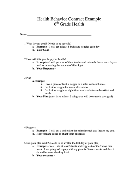 Health Behavior Contract Example Printable pdf