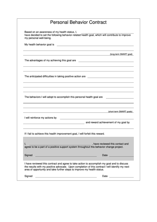 Personal Behavior Contract 5 Printable pdf