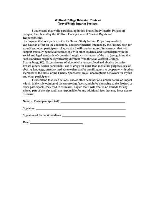 Wofford College Behavior Contract Travel Study Interim Projects Printable pdf