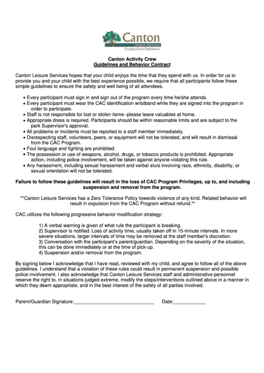 Guidelines And Behavior Contract Printable pdf