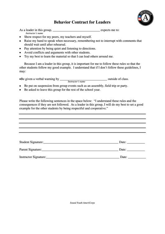 Behavior Contract For Leaders Americorps Printable pdf