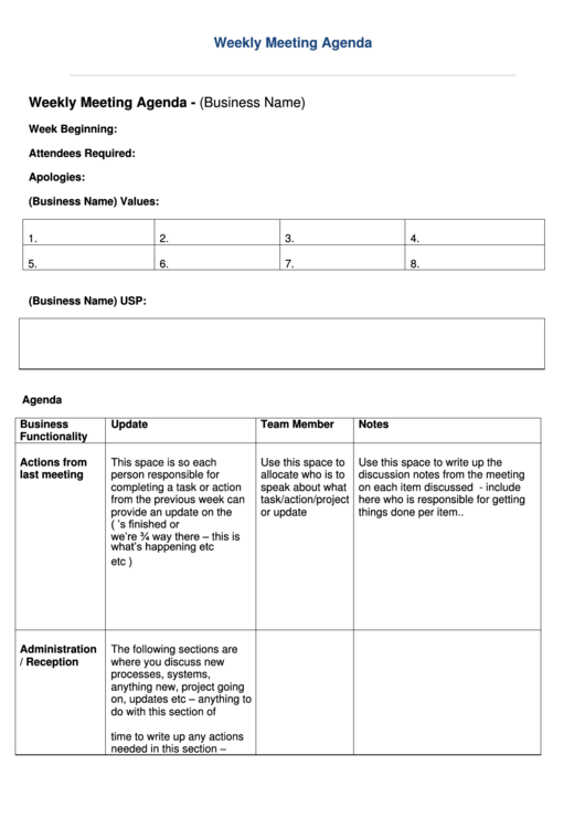 Weekly Meeting Agenda Template printable pdf download