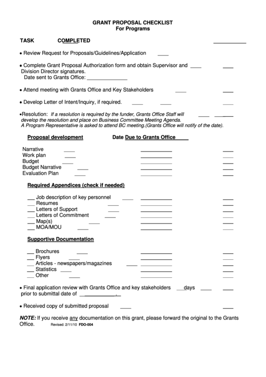 Grant Proposal Checklist Printable pdf