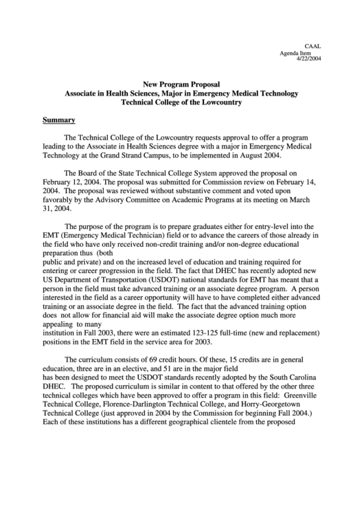 New Program Proposal Associate In Health Sciences Major In Emergency Medical Technology Printable pdf