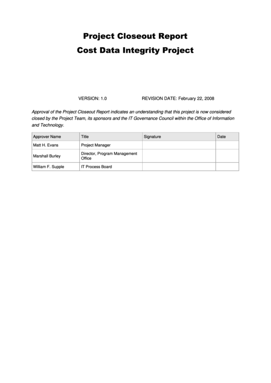 Project Closeout Report Template Printable pdf