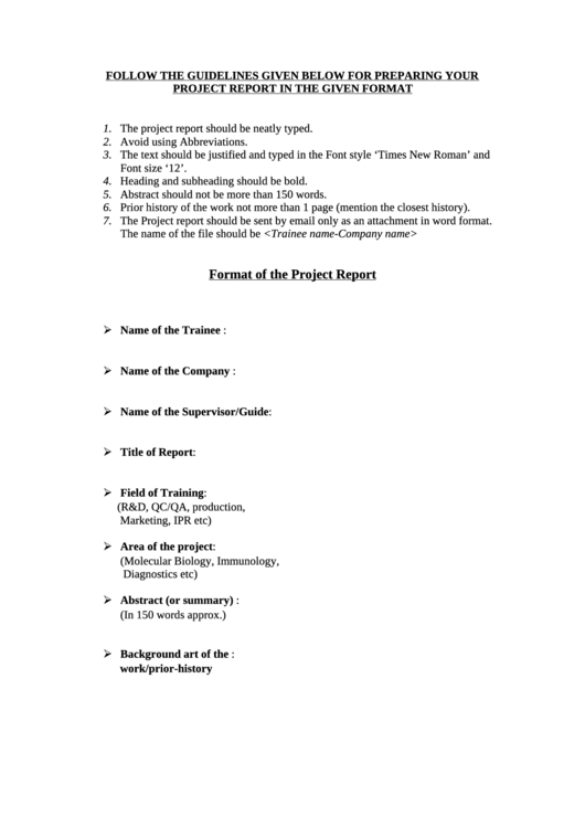 Format Of The Project Report Printable pdf