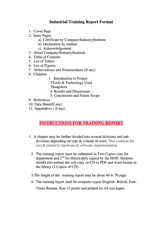 Industrial Training Report Format Printable pdf