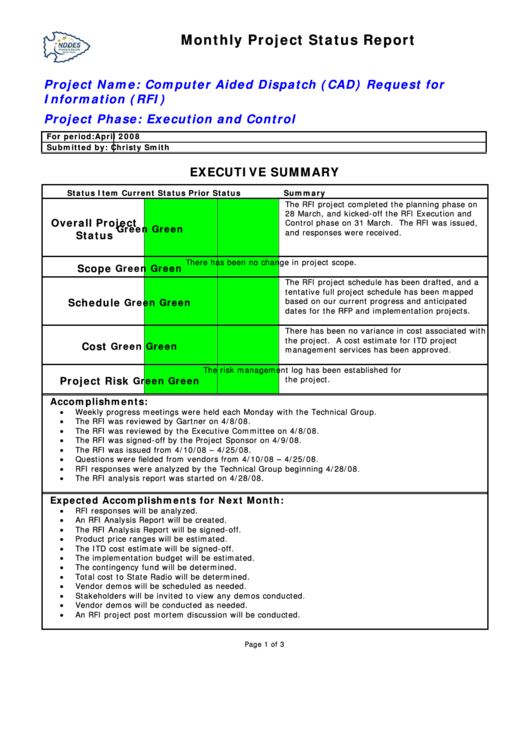 Monthly Project Status Report Printable pdf