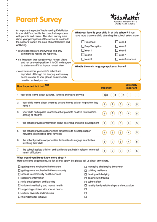 School Parent Survey Template Printable pdf