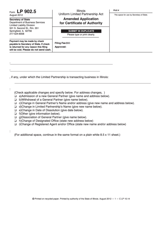 Fillable Form Lp 902.5 - Amended Application For Certificate Of Authority Printable pdf