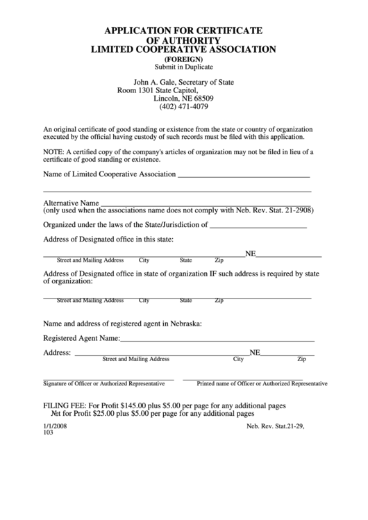 Fillable Application Form For Certificate Of Authority Foreign Limited Cooperative Association Printable pdf