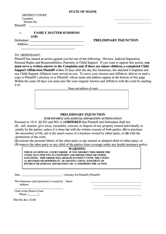 Fillable Family Matter Summons And Preliminary Injunction Template Printable pdf