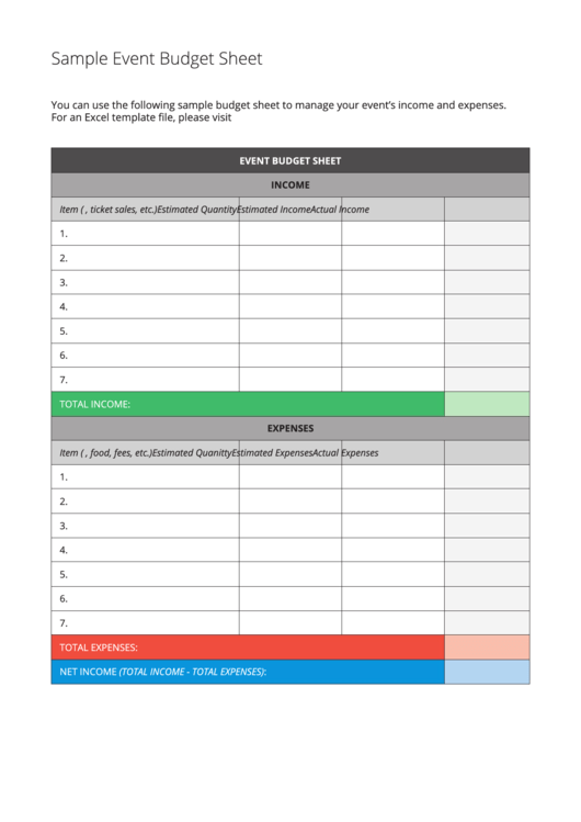 Sample Event Budget Sheet Printable pdf