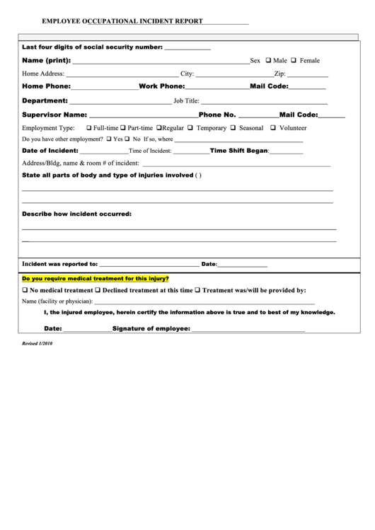Fillable Employee Occupational Incident Report Printable pdf