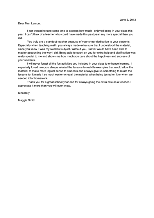 Teacher Appreciation Thank You Letter Template Printable pdf