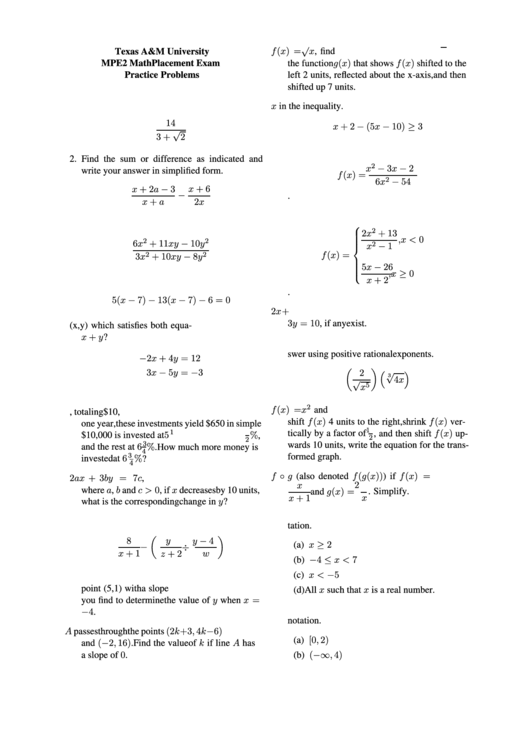 Math Placement Exam Practice Problems Printable pdf