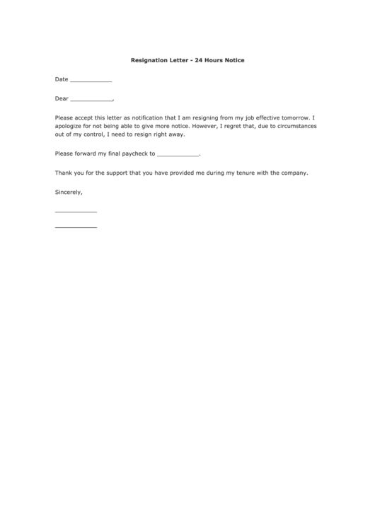 Fillable 24 Hours Notice Resignation Letter Template Printable pdf
