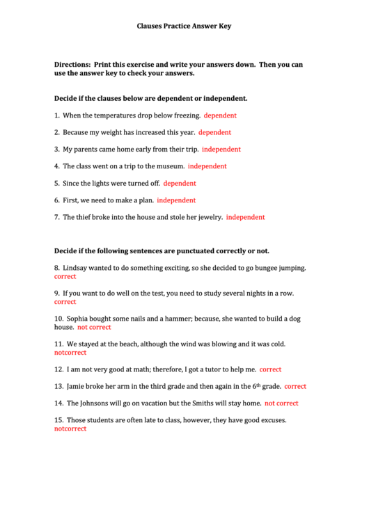 Clauses Practice Answer Key Printable pdf