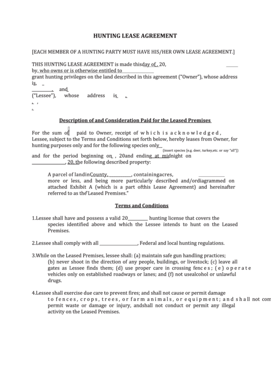 Fillable Hunting Lease Agreement Printable pdf