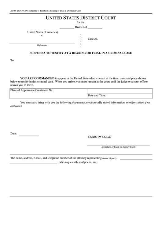 Fillable Form Ao 89 - Subpoena To Testify At A Hearing Or Trial In A Criminal Case Printable pdf