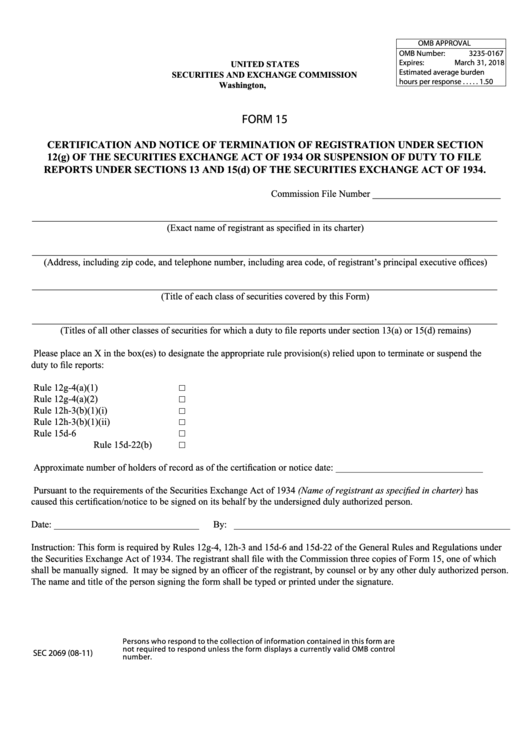 Sec Form 15 - Certification And Notice Of Termination Of Registration Printable pdf