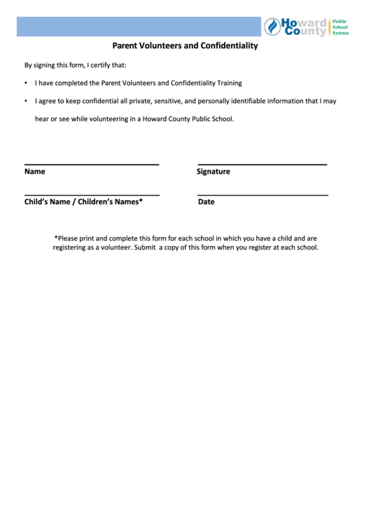 Fillable Parent Volunteers And Confidentiality Printable pdf
