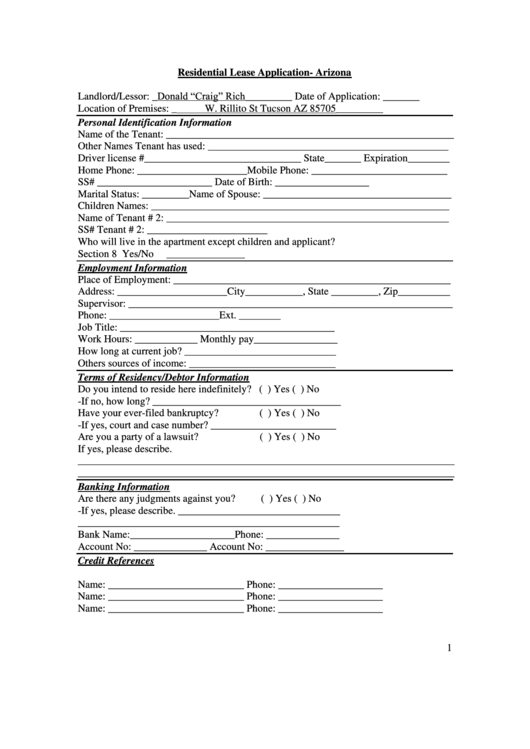 Residential Lease Application - Arizona Form