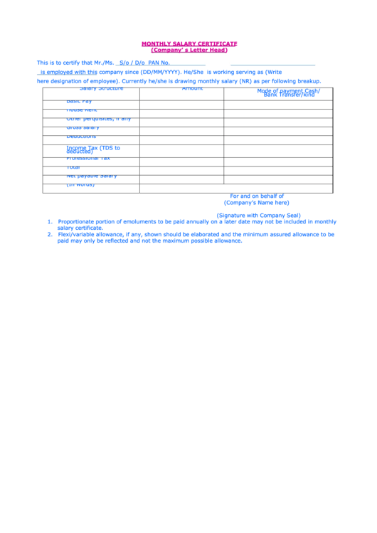 Monthly Salary Certificate Printable pdf