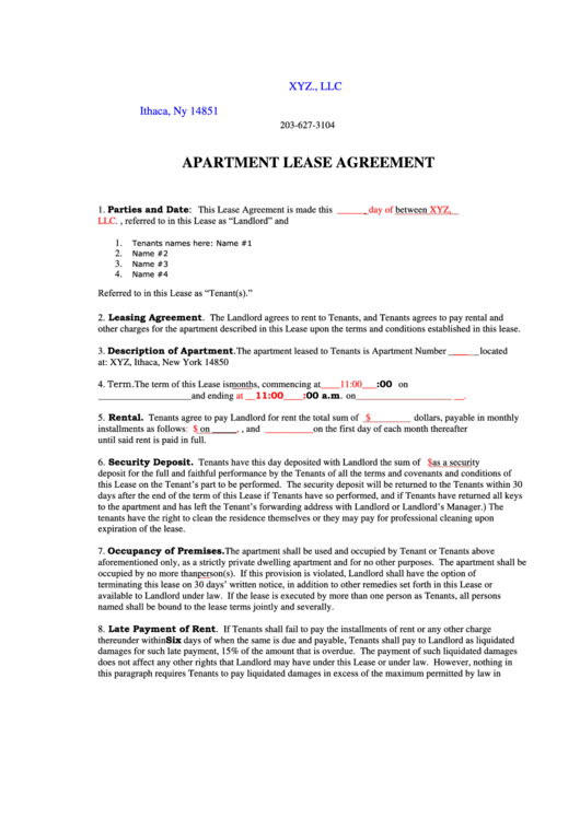 Apartment Lease Agreement Ithaca Printable pdf
