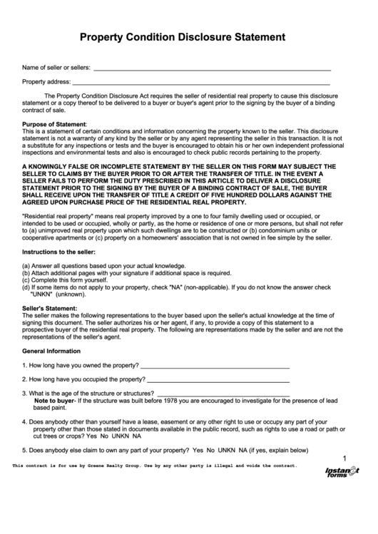 Property Condition Disclosure Statement Template Printable pdf