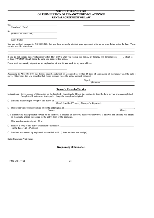 Notice To Landlord Of Termination Of Tenancy For Violation Of Rental Agreement Or Law