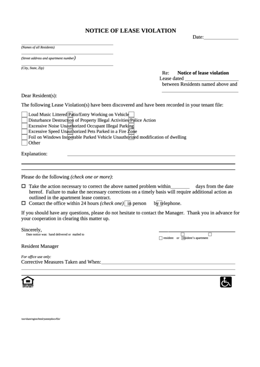 Notice Of Lease Violation Printable Pdf Download