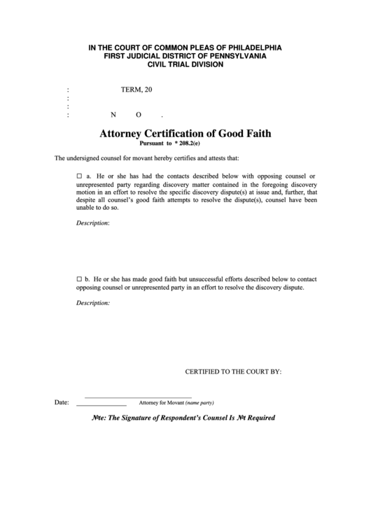 Attorney Certification Of Good Faith Printable pdf