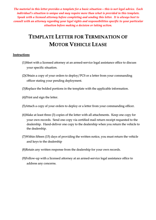 Template Letter For Termination Of Motor Vehicle Lease Printable pdf