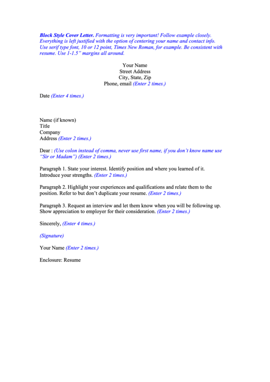 Block Style Cover Letter Printable pdf