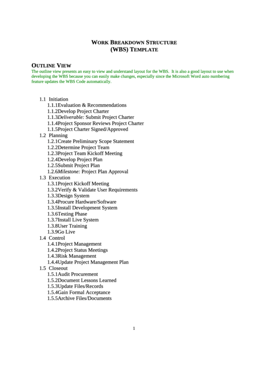 Work Breakdown Structure (Wbs) Template Printable pdf