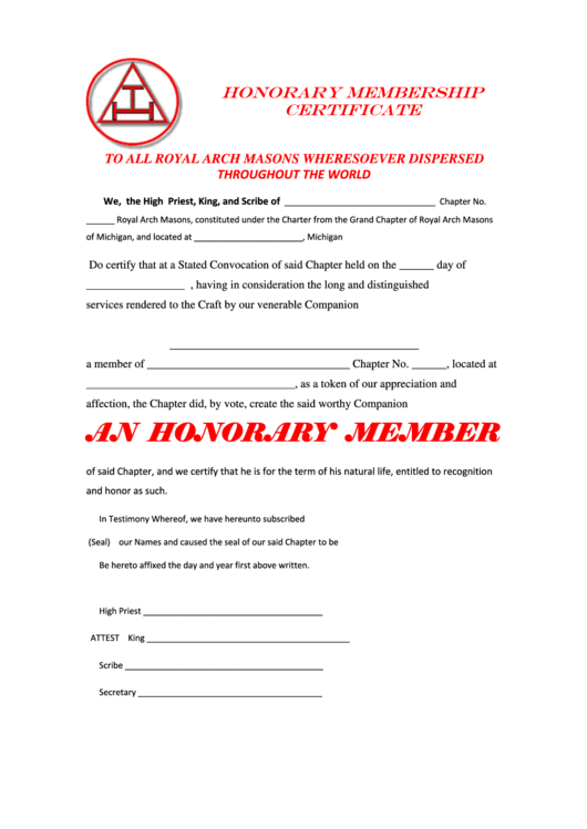 Honorary Membership Certificate Printable pdf