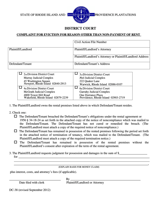 Fillable District Court Complaint For Eviction For Reason Other Than Non-Payment Of Rent Printable pdf