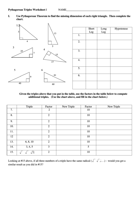 Pythagorean Triples Worksheet printable pdf download