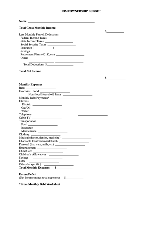 Homeownership Budget Template Printable pdf