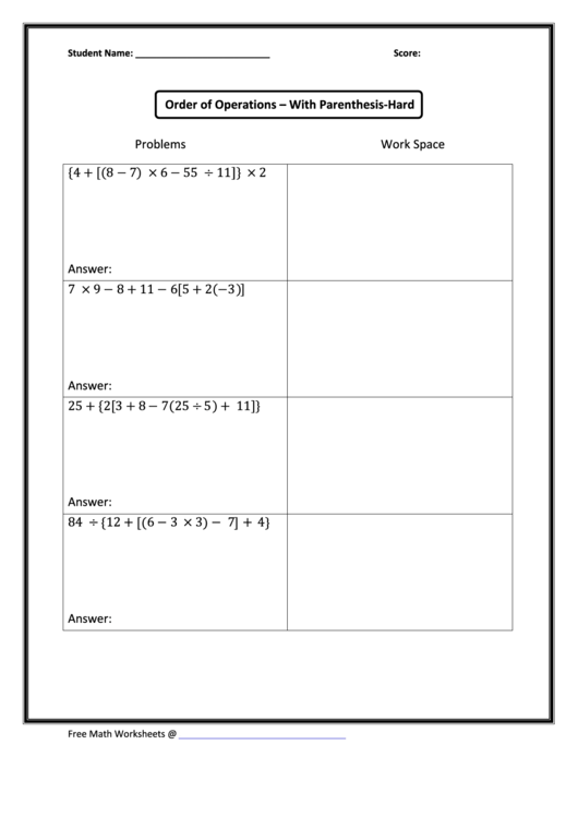 Order Of Operations - With Parenthesis Worksheet Printable pdf