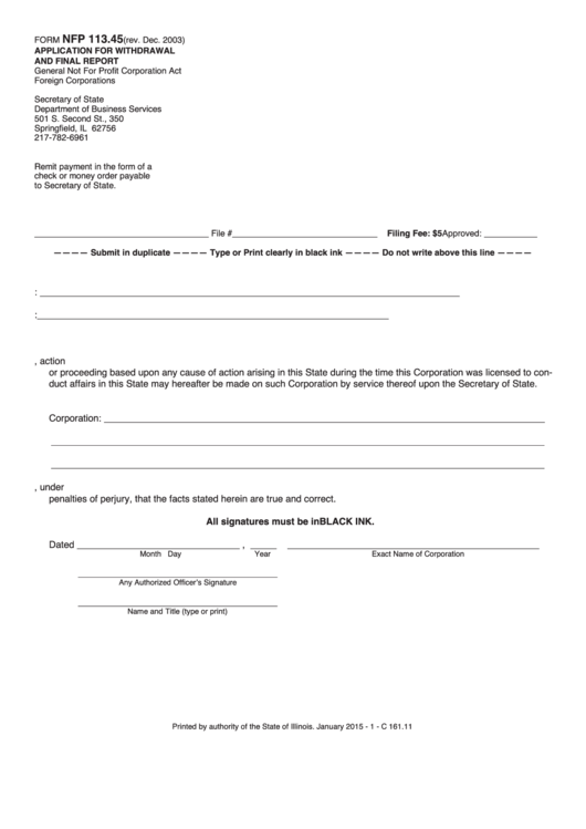 Fillable Form Nfp 113.45 - Application For Withdrawal And Final Report Printable pdf