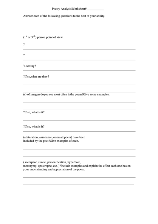 Poetry Analysis Worksheet Printable pdf