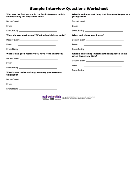 Sample Interview Questions Worksheet Printable pdf