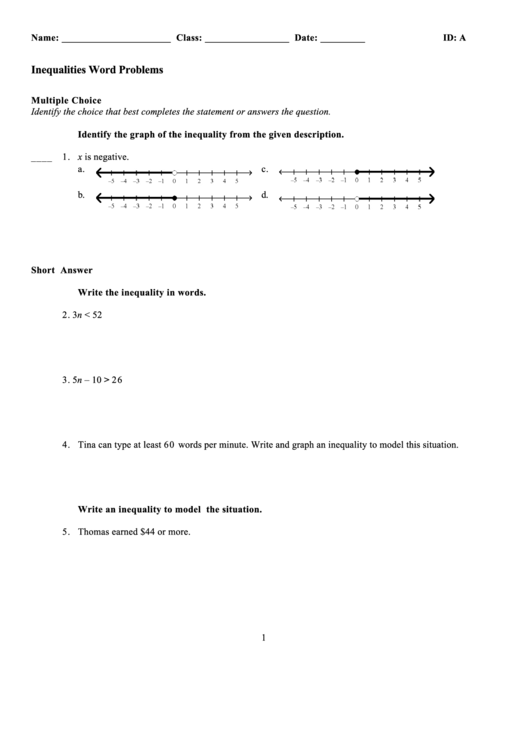Inequalities Word Problems Printable pdf