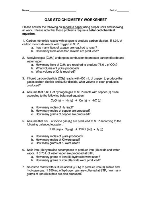 Gas Stoichiometry Worksheet Printable pdf